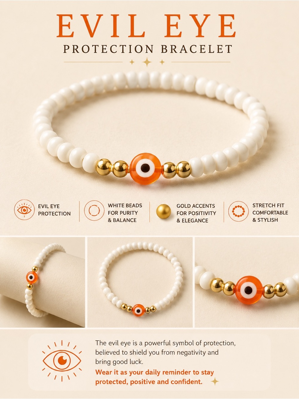 Evil Eye Protection Bracelet with White Beads and Gold Accents #02